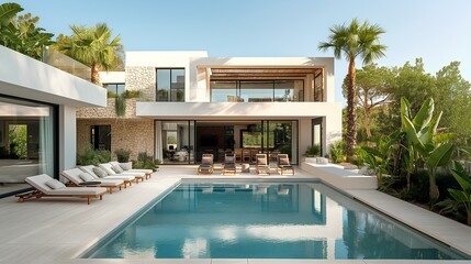 a modern minimalist villa in mediterranean coast, infinity pool with sunbeds in front of the villa, palm trees and plants in the garden, the exterior of light neutral stone, generative AI
