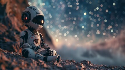 A lifelike robot in a contemplative pose, sitting on rocks with a backdrop of shimmering lights. Conveys themes of technology, solitude, and futuristic contemplation.
