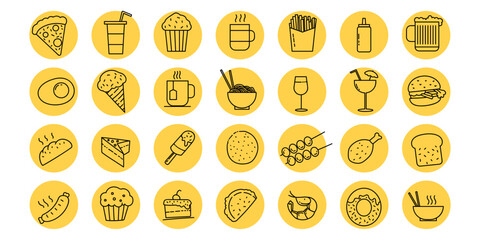 Food dessert snack menu icon set vector hand drawn doodle. sweet drink, meal, donut cream, cake, restaurant food.