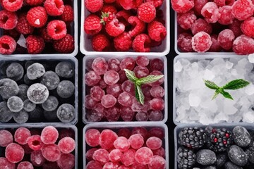 Variety of frozen berries in separate containers displayed from above, vibrant and colorful. Assorted Frozen Berries in Containers