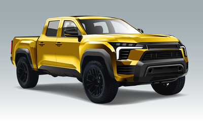 Realistic 3D vector yellow pickup four doors black wheels on blue background Illustration - 767877005