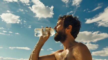 Man drinking water, hydrating on a very hot day. bottle of crystal clear water. - obrazy, fototapety, plakaty