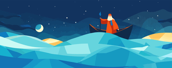 Moses separate sea for passover holiday over nigt background, flat design vector - obrazy, fototapety, plakaty