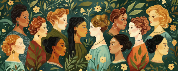 International Women's Day card with Five strong girls of different cultures and ethnicities stand together. Vector concept of gender equality and of the female empowerme