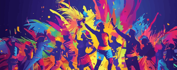 Brazilian carnival and festival! Vector abstract holiday illustration with people, dancers and musicians. Party drawing for poster - obrazy, fototapety, plakaty