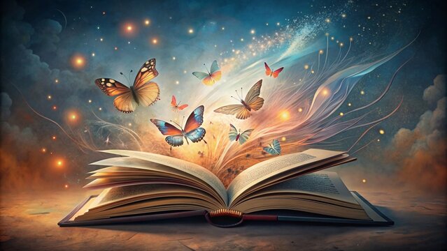 Illustration of butterflies coming out of an open book, ideal for fantasy and literature