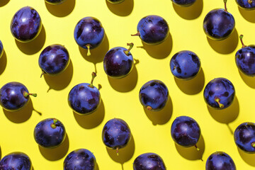 Fresh juicy purple plums arranged on yellow background with shadows, closeup view