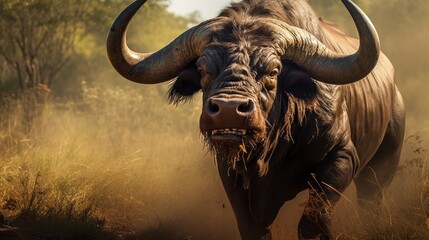 A large bull with horns is running through a field