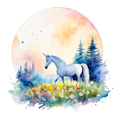 A fantasy world unicorn in a beautiful meadow with sunset and forest in background, watercolor illustration, clipart, scene landscape, cute, animal, trees, nature, for prints, scrapbook, presentation
