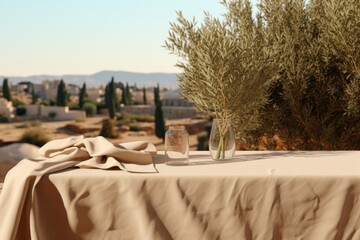 Rustic wooden table with olive tree plant for product placement on aesthetic background