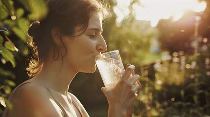 woman drinking water, hydrating on a very hot day. glass of crystal clear water. - obrazy, fototapety, plakaty