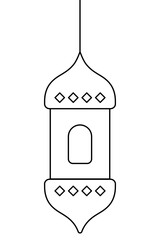 Moroccan candlestick. Sketch. Vector illustration. Hanging lantern sconce with window. Outline on isolated background. Doodle style. The lamp is decorated with rhombus to diffuse light. Coloring book 