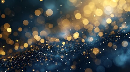 Golden light shine particles bokeh on navy blue background. Holiday. Abstract background with Dark...