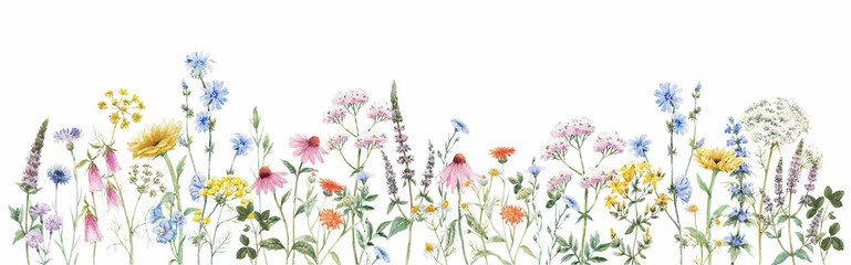 Beautiful horizontal mural with watercolor wild field flowers. Stock mural. Floral design.