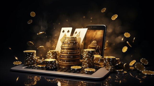 casino, gamble, poker, money, luck, chance, Podium with smartphone, casino slot machine, Casino Roulette , cards and poker chips in dark gold scene