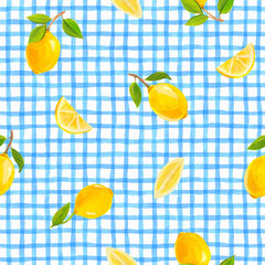 Beautiful fresh summer design with watercolor yellow lemon fruits and blue stripes on the background. Stock illustration. Ready print for textile. Seamless pattern. - 767878881