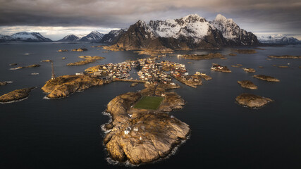 The Top view of football stadium with a lot of island at henningsvær , The most beautiful town in the Lofoten island - obrazy, fototapety, plakaty