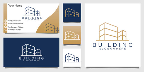 Building logo line business card. Creative real estate logo and business card design template vector icon.