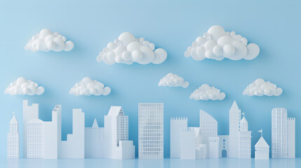 White paper craft cityscape flat ground, small white clouds in sky on soft pale blue background