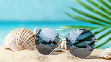 Fototapeta na wymiar Aviator sunglasses on a sandy beach with seashells and palm leaves, evoking summer vacation vibes.