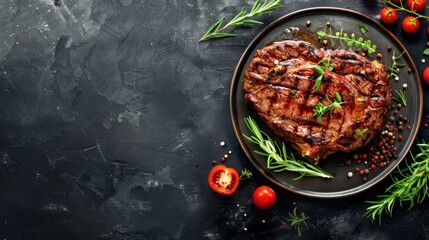 Top view grilled rib eye beef steak, herbs and spices on dark stone background. AI generated image - obrazy, fototapety, plakaty