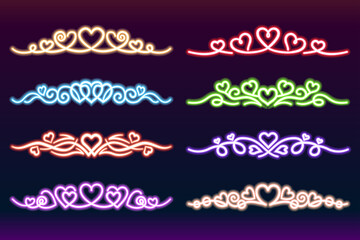 Glowing colorful heart ornaments. Neon light heart designs shining in a dark. Abstract vector line art hearts, vibrant colored, bright glowing leds. 
