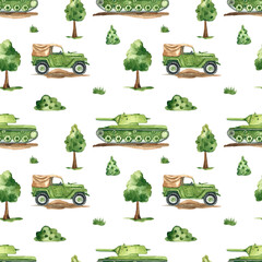 Watercolor seamless pattern with military equipment, tank, car, military transport, trees, bushes, military print on a white background