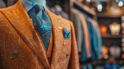 An orange textured suit jacket with a paisley tie, displayed in a high-end fashion store.