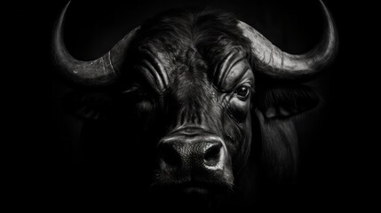 A black bull with horns is staring at the camera - obrazy, fototapety, plakaty