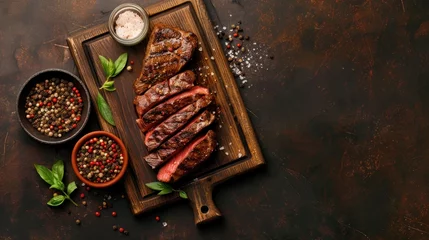 Fotobehang Top view tasty grilled beef steak with spices on cutting board. AI generated image © saifur