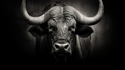 A bull with large horns is staring at the camera