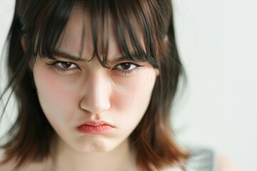  怒っている顔の日本人女性（怒り・許せない・イライラ・ホルモンバランス） - obrazy, fototapety, plakaty