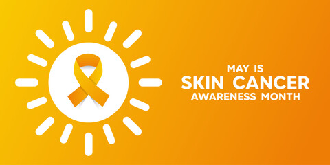 May is Skin Cancer Awareness Month. Ribbon and sun. Great for cards, banners, posters, social media and more. Orange and yellow background. 