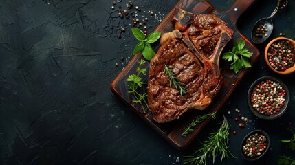 Top view grilled rib eye beef steak, herbs and spices on dark stone background. AI generated image - obrazy, fototapety, plakaty