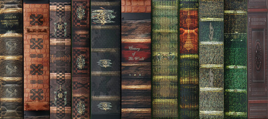 Old books in a row on a shelf. 