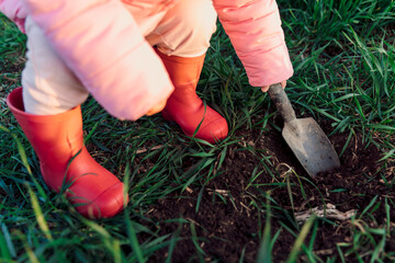 Child girl legs in rubber boots with a shovel in the field. Sunset light