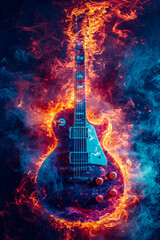 Electric guitar is depicted in blue and flamey background creating appealing visual effect.