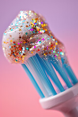 Glitter Toothpaste on Brush Macro, copy space. Close-up shot of glittery shining toothpaste on a toothbrush with simple background.