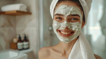 Happy woman with facial mask, bath towel on head.