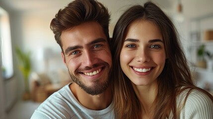 Happy couple looking at camera in a bright home setting. - obrazy, fototapety, plakaty