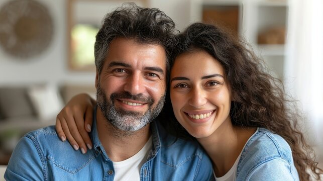 Portrait of a content mature man with a young woman smiling.