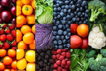 Collage of fruits and vegetables including oranges leeks blueberries raspberries and cabbage.