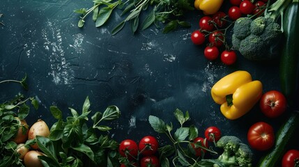 Top view group fresh vegetables flat lay view copy space background. AI generated image