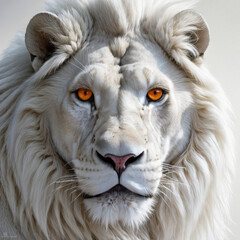 Lion with orange eyes and long white hair.