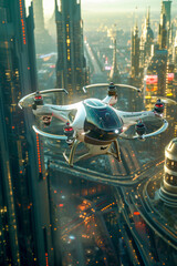 White and black drone with glass top in mid-air above city.