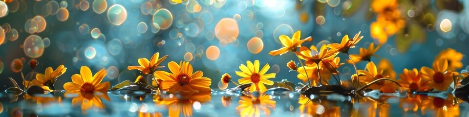 A group of yellow flowers are floating in a pond, AI