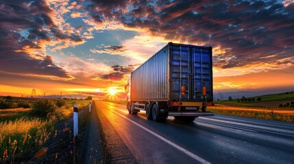 Heavy duty container logistics truck transportation on the road with sunset background. AI generated - obrazy, fototapety, plakaty