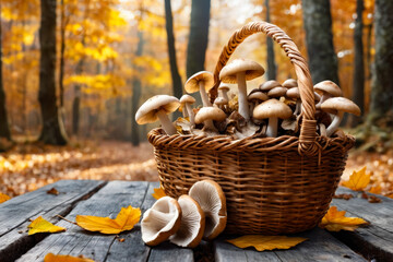 Basket full of mushrooms sits on table surrounded by fallen leaves. - Powered by Adobe