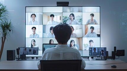 Person attending a virtual meeting with multiple people on screen.