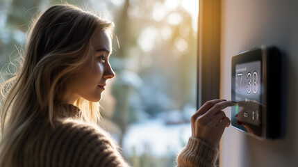 Side view of a young woman interacting with a smart home control panel mounted on the wall